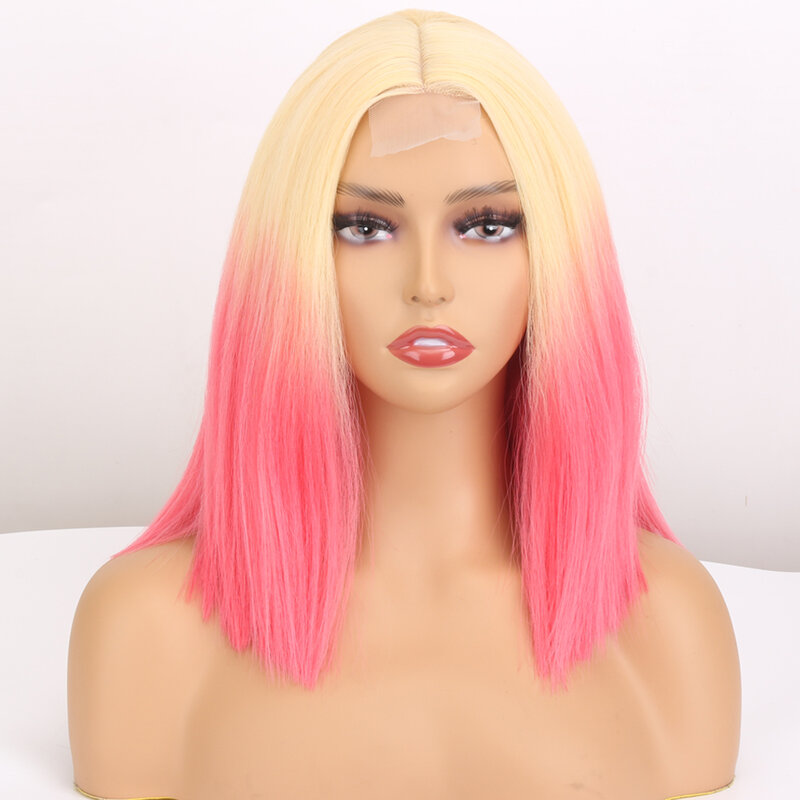 Pink Bob Wig 12 14inch Synthetic Wigs for Women Middle Part Straight Short Hair Cosplay Lolita Ombre Black Blonde Red Wig Female