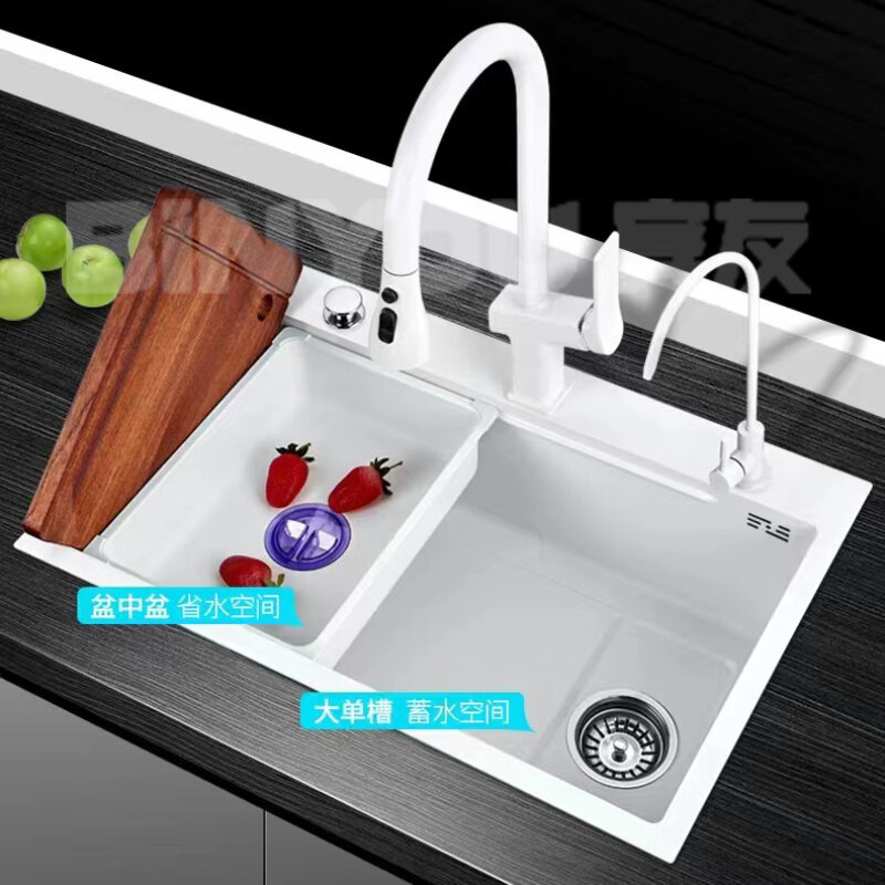Grifos de cascada blanca de acero inoxidable 304, fregadero individual Grande integrado, lavabo Nano para lavar platos
