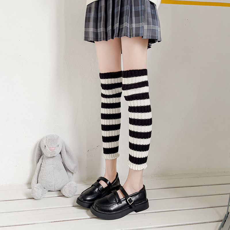 Punk Black Striped Leg Warmer Lolita JK Socks Women Winter Legwarmers Knitted Gothic Knee High Long Socks Cosplay Accessories