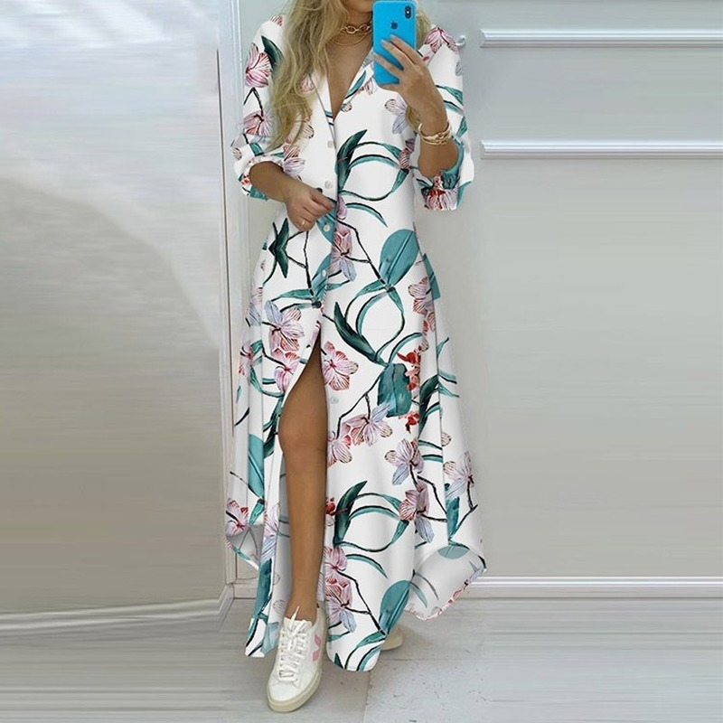 Vestido camisero largo de verano para mujer, prenda holgada con estampado Vintage, con botones y dobladillo Irregular, talla grande, 2022