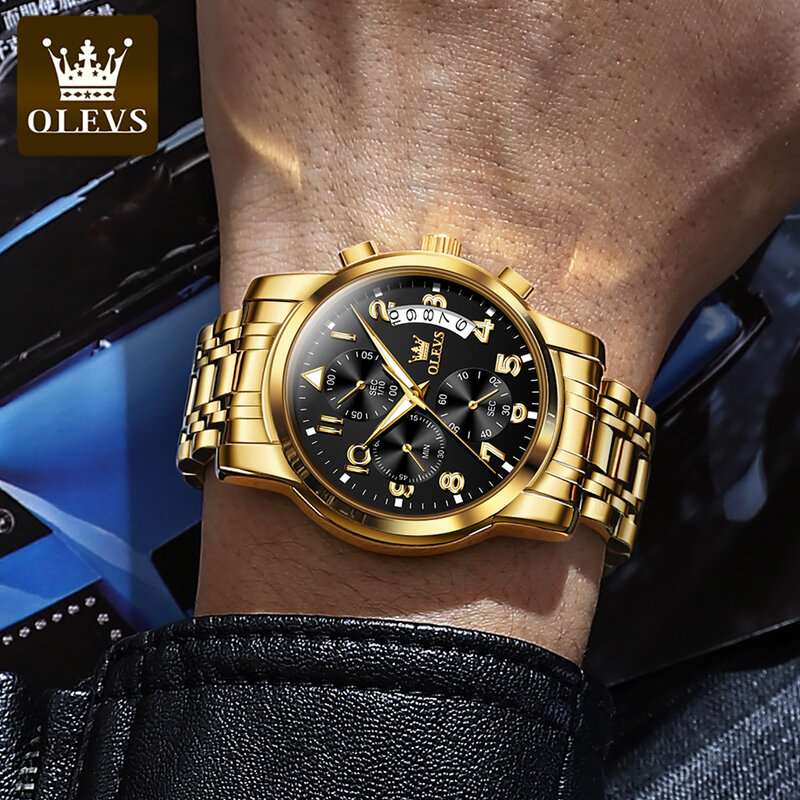 Olevs-男性用ステンレススチールブレスレット,多機能スポーツ腕時計,発光クロノグラフ,耐水性