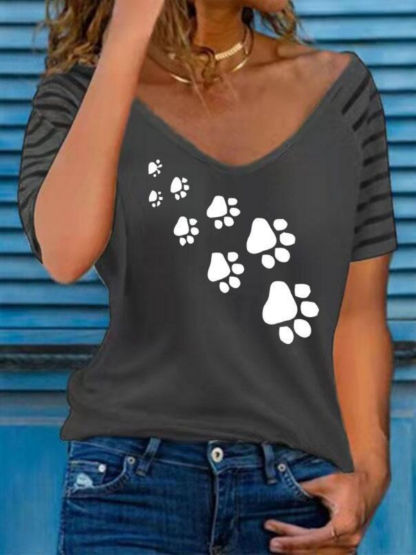반팔 하라주쿠 캐주얼 루즈 티셔츠, V넥 여성 상의, S-5XL 패션, 여성 의류, 개 고양이 발, 동물, 2023 여름