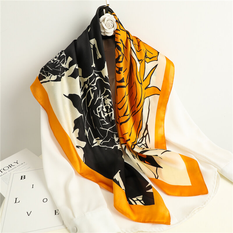 Silk New Design Women Square Scarf Print Luxury Foulard Floral Head Band Shawl Hijab Wrap Bandana Kerchief Suit Spring Summer