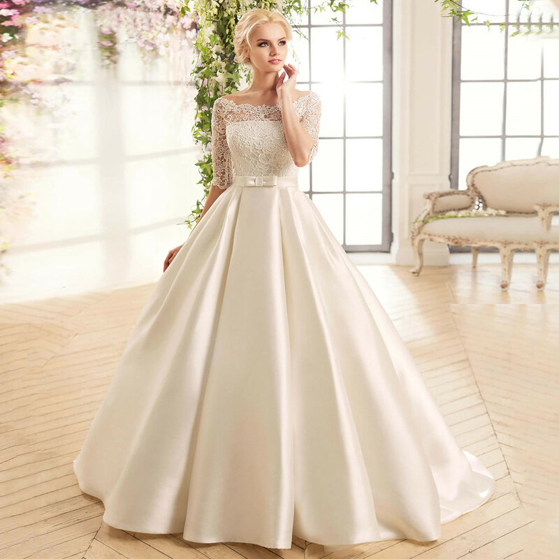 Кружевное атласное свадебное платье Vinca Sunny 2023, бальное платье с глубоким круглым вырезом и коротким рукавом, свадебные платья со шлейфом