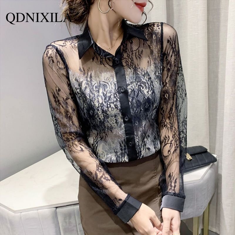 Shirts and Blouses Lace Openwork Shirt Women's Blouse Fashion Sexy Korean Women's Clothes Women's Long Sleeve Top Blouse