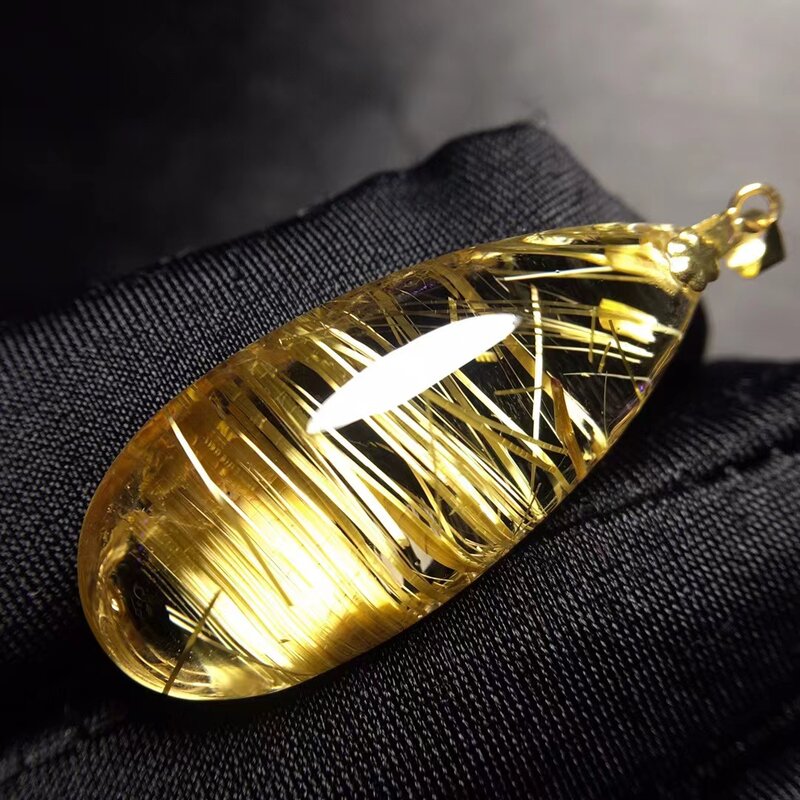 Natural Gold Rutilated Quartz Water Drop Pendant Necklace 31.6*14*9.1mm Yellow Rutilated Quartz Jewelry Women Men Brazil AAAAAAA