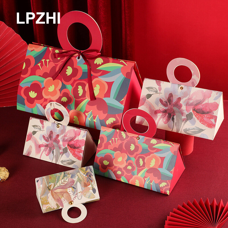 Lpzhi 10 pçs caixas de presente com alça flor padrão de aniversário casamento para presente artesanal biscoitos doces embalagem favores decoração