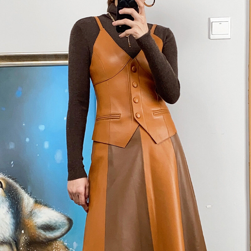 2022 novo estilo de moda feminina curto couro genuíno colete, sem mangas estilingue curto colete