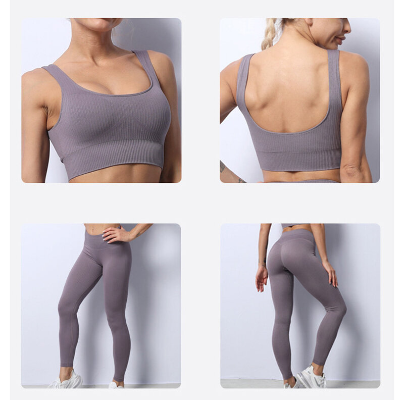 3 pçs feminino conjunto de yoga workout gym wear leggings esportivas sem costura sutiã de fitness recortado topo manga longa