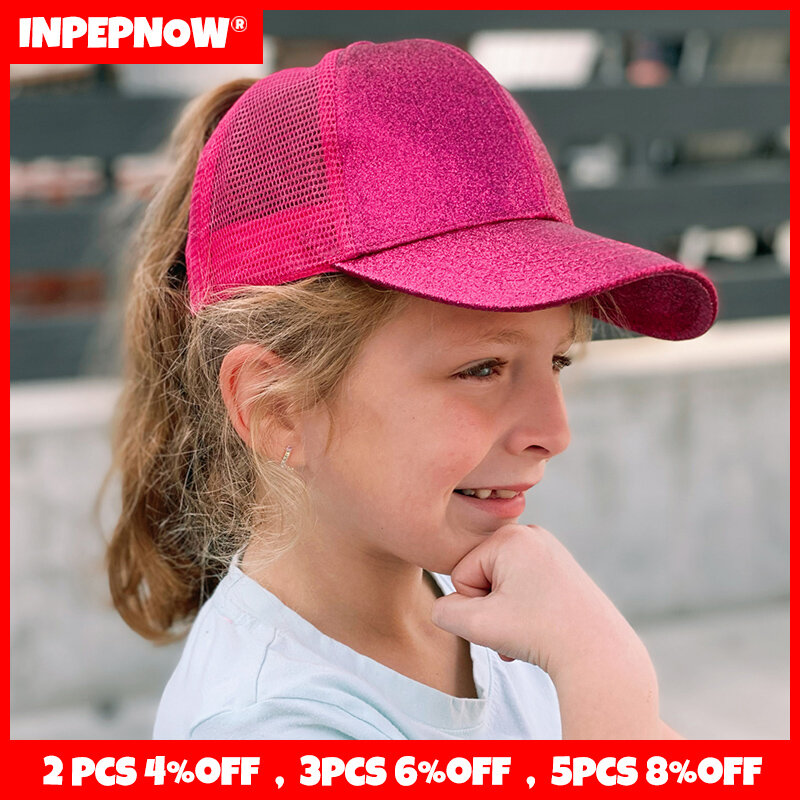 Berretto da Baseball per bambini con coda di cavallo con paillettes 3-10 anni per neonate ragazzi cappelli cappello da camionista sportivo in cotone a rete occidentale