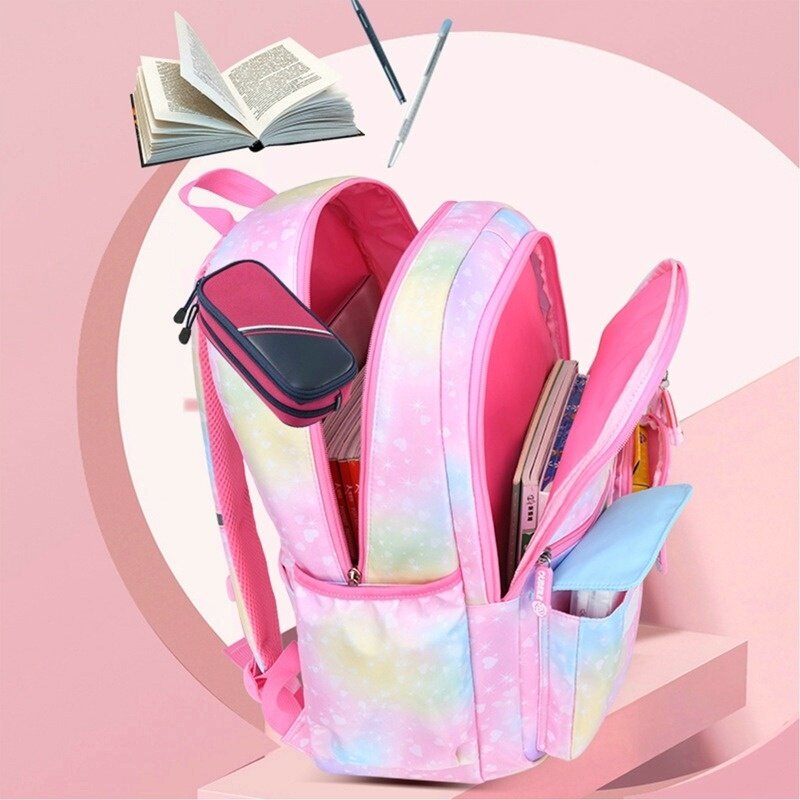 Sacs d'école imperméables dégradés pour filles, sacs à dos arc-en-ciel Kawaii avec étui à crayons, cartable pour adolescents, sacs colorés mignons