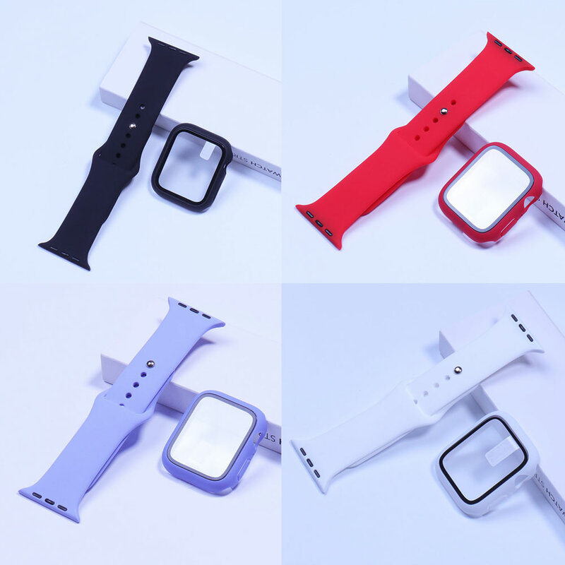 Tempered Glass+Case+Strap For Apple Watch band 44mm 40mm 45mm 41mm 45 38 40 mm Silicone watchbands iWatch series 8 3 4 5 6 7 se
