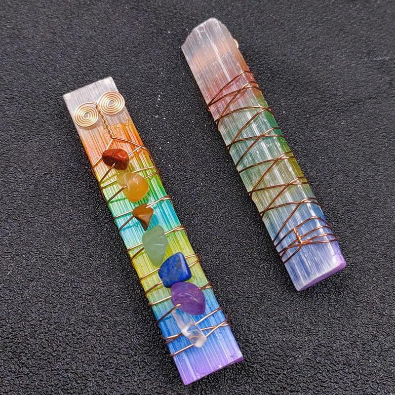 1pcs Irregular Aura Selenite Stick Wand Wire Wrapped Colorful Yoga Chakra Bar 7 Meditation Square Stones T3A1