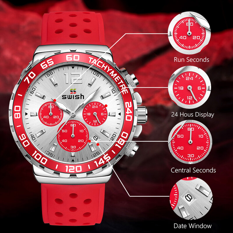 SWISH Luxury Brand Chronograph Sports Watch Men's Quartz Watch Waterproof Rubber Strap Military Clock Montre Homme
