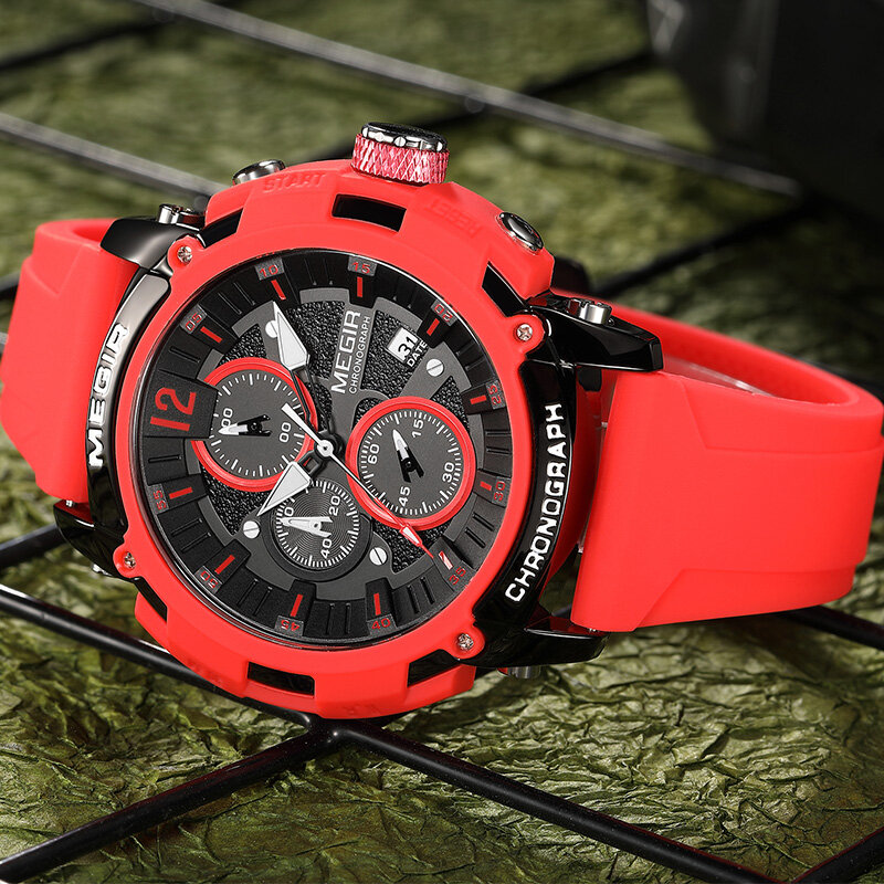 MEGIR-reloj deportivo de cuarzo para hombre, cronógrafo de pulsera, resistente al agua, con correa de silicona roja