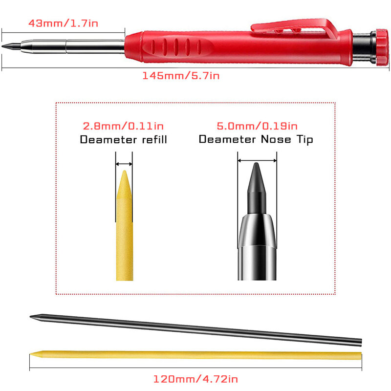Solid Carpenter Pencil Set with 7 Refill Leads Built-in Sharpener Woodworking Marking Tools Deep Hole Carpentry Marking Scriber
