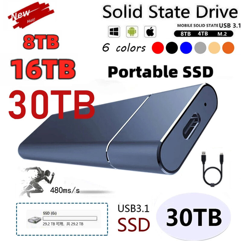 고속 핫 휴대용 SSD 2TB 1TB 500GB 외장 하드 드라이브 4TB 16TB, c타입 USB 3.1 노트북 용 외장 저장 하드 디스크