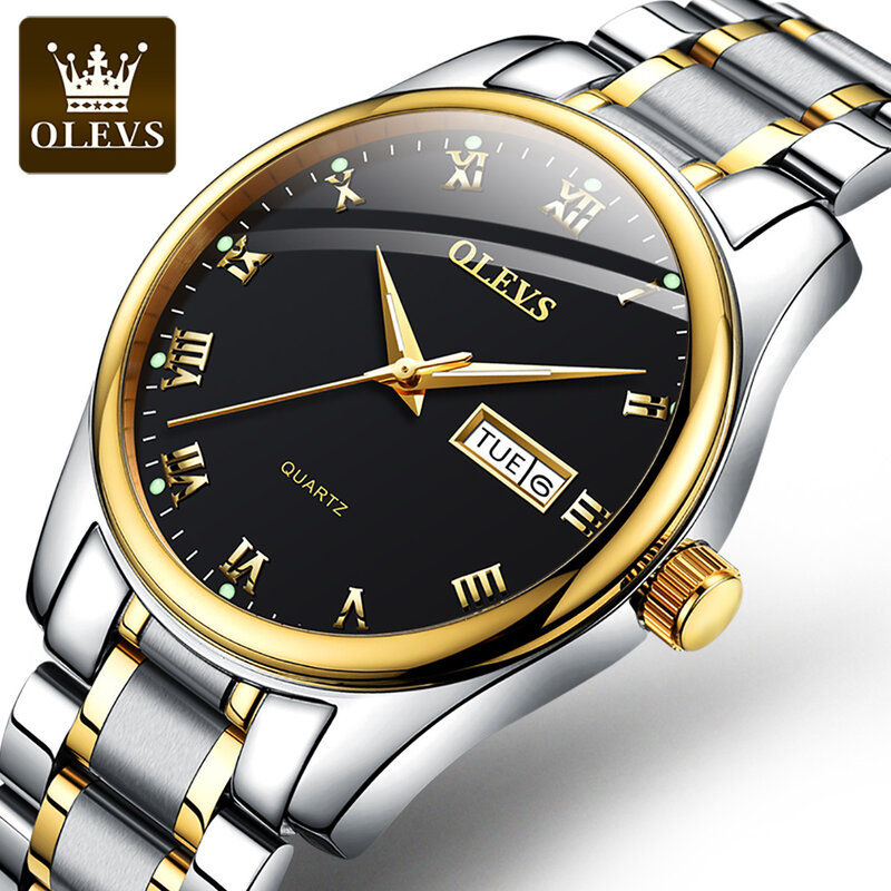 Olevs quartzo relógios de negócios para homens à prova dwaterproof água pulseira de liga de alta qualidade relógio de pulso luminoso calendário semana exibição