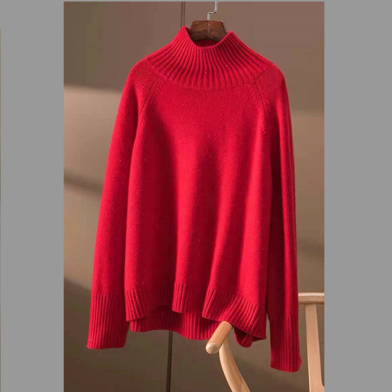 100% lã pura senhoras pulôver casual de malha plus size blusa outono/inverno espessamento feminino metade alta pescoço cashmere sweate