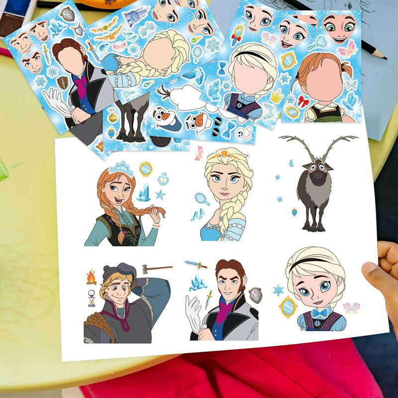 8/16 lembar stiker Puzzle Frozen Disney membuat wajah Anda sendiri mainan anak Elsa Olaf Anna merakit Jigsaw permainan pesta anak-anak