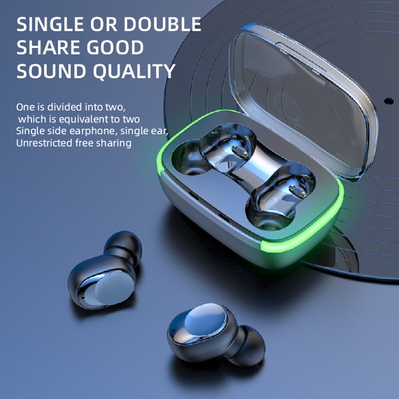 Y60 Fone 블루투스 이어폰 5.1, TWS 무선 헤드폰 (LED 디스플레이 포함) 스테레오 헤드셋 터치 컨트롤 이어 버드 소음 감소