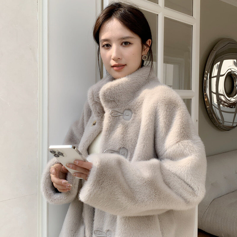 Faux Mink Plush Fur Coat Women's Winter New Short Warm  Stand-up Collar Imitation Fur Horn Buckle Thick Warm Women's Fur Coat