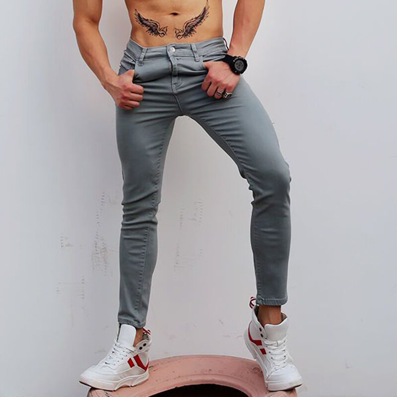 High Street Solid Color Slim Fit Skinny Pants Fashion Streetwear High End Stretch Jogging Sports Casual Cropped Jeans