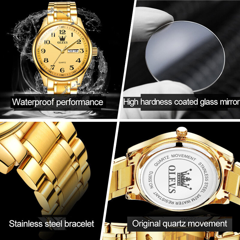 OLEVS 합금 스트랩 캐주얼 시계 남성용 트렌디 한 럭셔리 쿼츠 방수 남성 손목 시계 캘린더 주 디스플레이