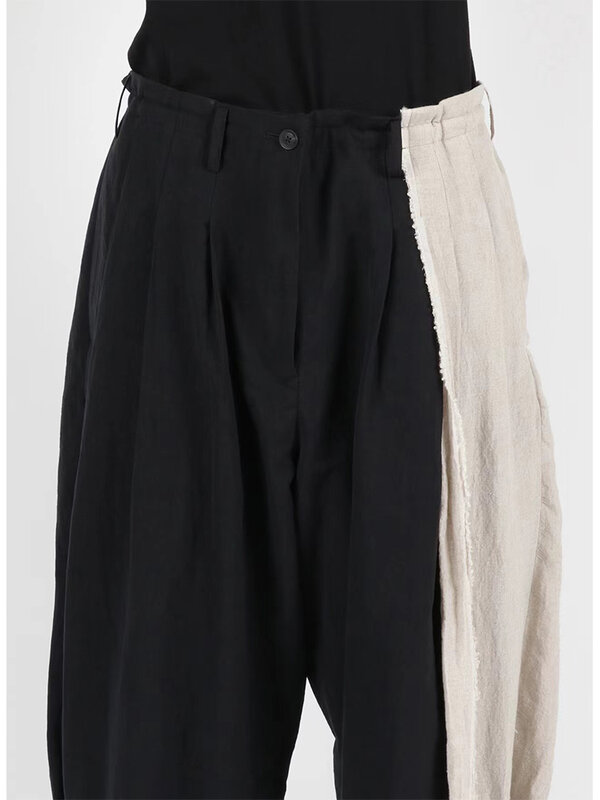 Брюки мужские льняные с эластичным поясом, двухцветные штаны Yohji Yamamoto, повседневные брюки с широкими штанинами