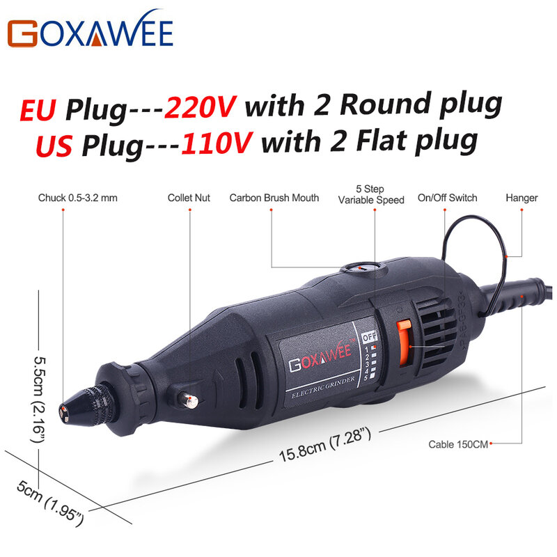 GOXAWEE-minitaladro eléctrico de 110V y 220V, herramientas eléctricas con portabrocas Universal de 0,3-3,2mm y herramientas rotativas en espiral para Dremel 3000 4000