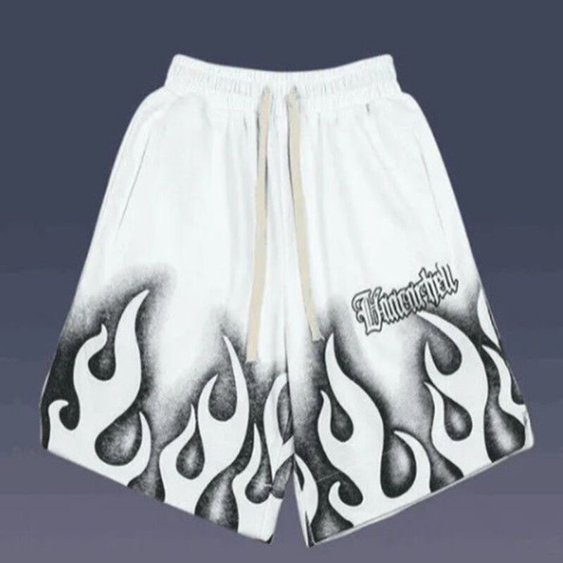 Short Pants Man Summer Shorts Streetwear Men's Y2k ShortsTie-dye Flame Casual Shorts Men's Trendy Hip-hop Loose Five-point Pants
