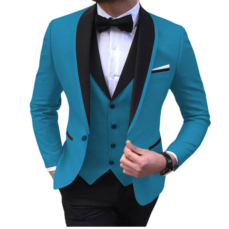 الأزرق الشق الرجال الدعاوى 3 قطعة الأسود شال التلبيب عادية البدلات الرسمية لحفلات الزفاف العريس الدعاوى الرجال 2023 (السترة سترة بانت)