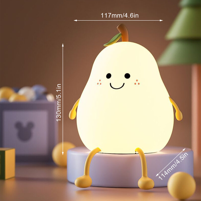 LED Pear Fruit Night Light Dimming Silicone Table Bedside Lamp Bedroom Decoration with 7-Color and Timer USB Rechargeable Touch