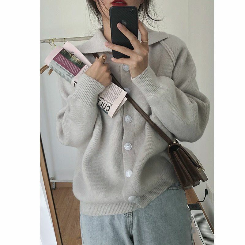 Languid Is Iazy Wind Lapel Knitting Sweater More Pure Color Long Sleeve Shirt Single-breasted Coat Restoring Ancient Ways