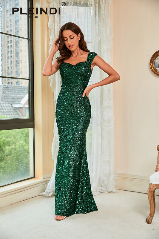 PLEINDI Luxury Evening Dresses Square Collar Spaghetti Strap Straight Floor-Length 2022 New of Sequined Exquisite Prom Dress