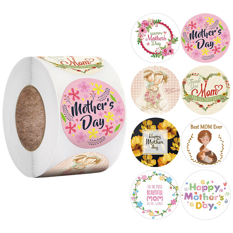 Étiquettes autocollantes pour cadeaux de fête des mères, 500 pièces, rondes, Kraft, 1.5 pouces, modèles, étiquettes d'emballage pour cadeaux pour mères