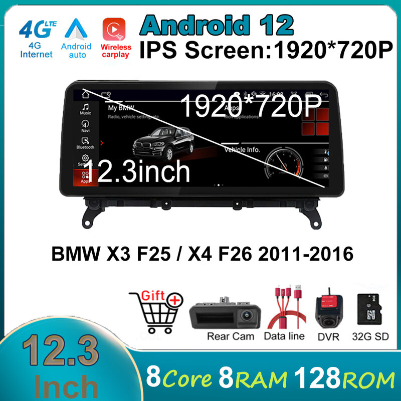 12.3 "1920*720P Android 12 Multimedia Mobil untuk BMW X3 F25 / X4 F26 2011-2016 CIC Sistem NBT Navigasi Pemutar GPS Carplay Otomatis