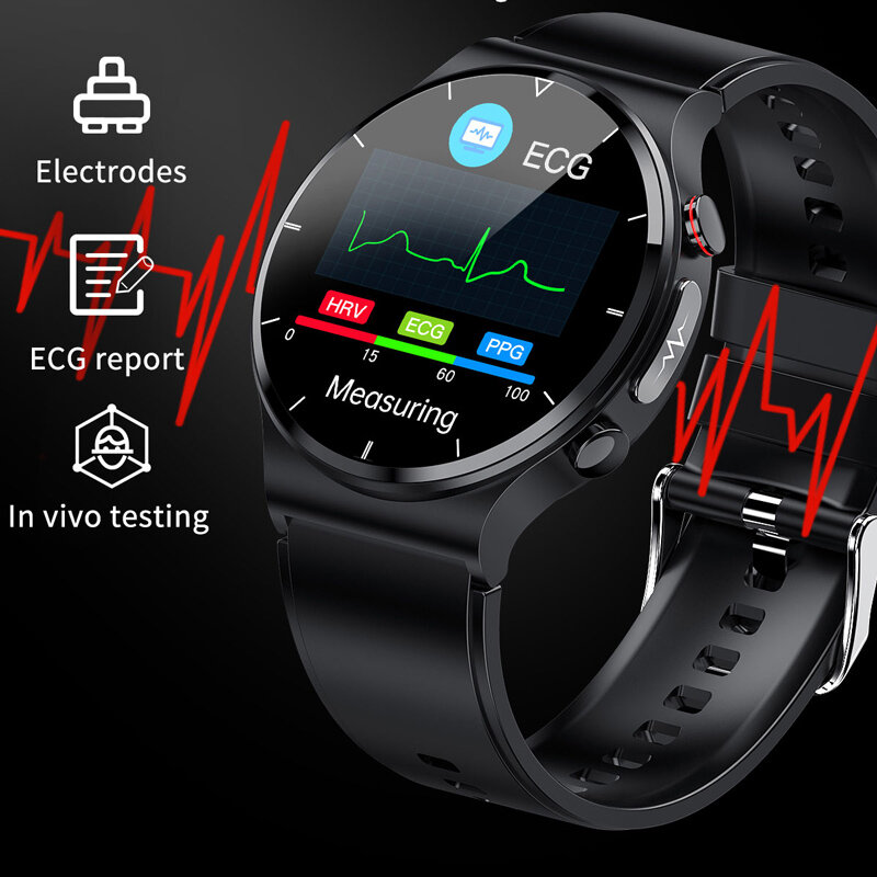 Rollstimi 360*360 hd relógio inteligente homem temperatura do corpo pressão arterial freqüência cardíaca ecg + ppg à prova dwireless água carregador sem fio smartwatch