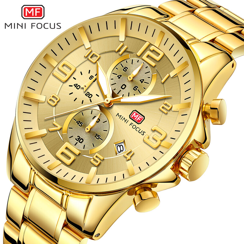 Mini Focus Horloges Mens Luxe Gouden Horloge Chronogragh Horloge Kalender Pilot 1/10 Tweede 3 Wijzerplaten Rvs Relogio Masculino