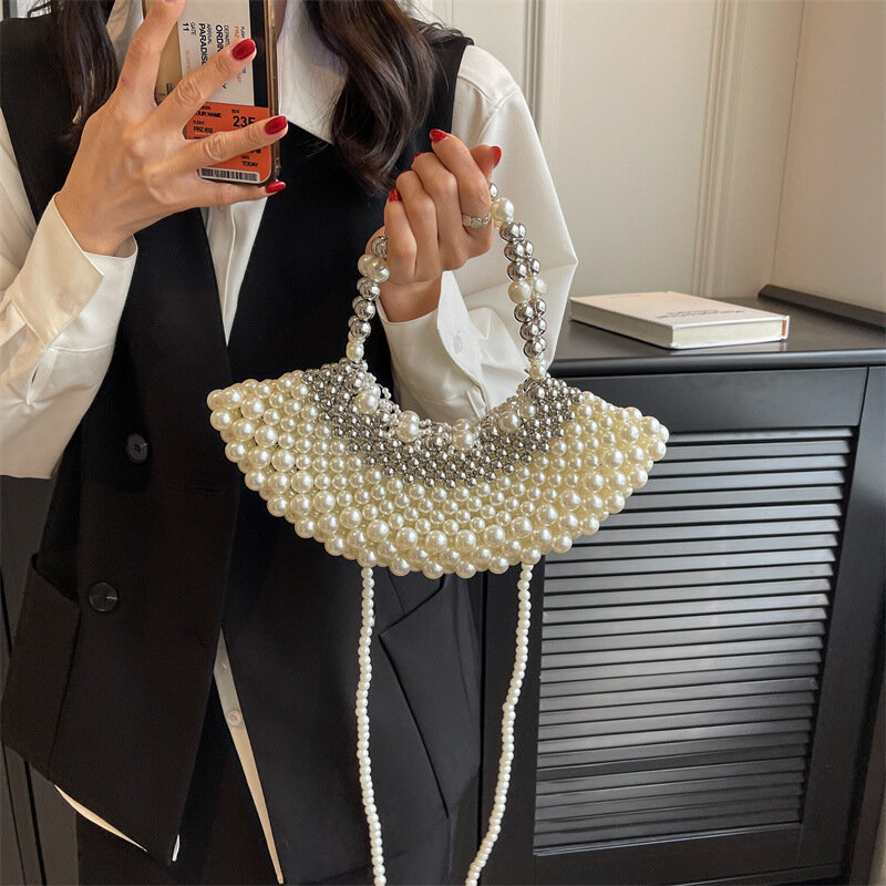 Pearl Women's Tote Bag 2023 Trend Party Fashion Evening Bags Summer Hollowe Out Shoulder Bag Woman Luxury Beach Woven Handbag