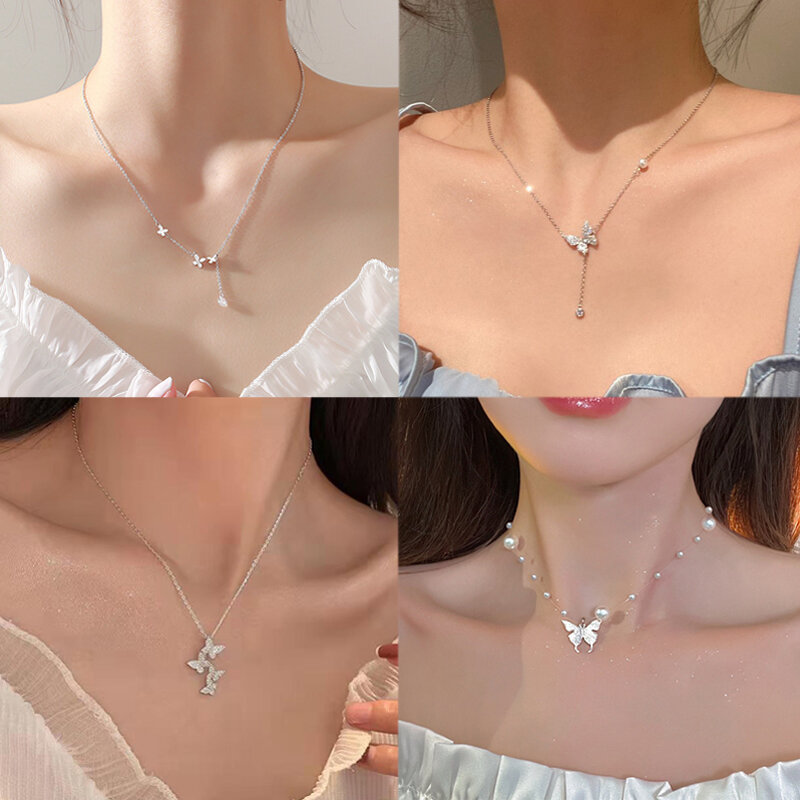 ZLALHAJA 2022 Trend Korean Butterfly Necklace For Women Luxury Simple Zircon Clavicle Chain Lady Fashion Jewelry Gift