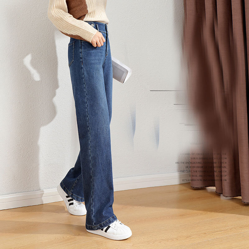 Calças de brim femininas inverno em linha reta calças de perna larga tudo-em-um veludo cintura alta solto fino lavado azul streetwear baggy slouchy