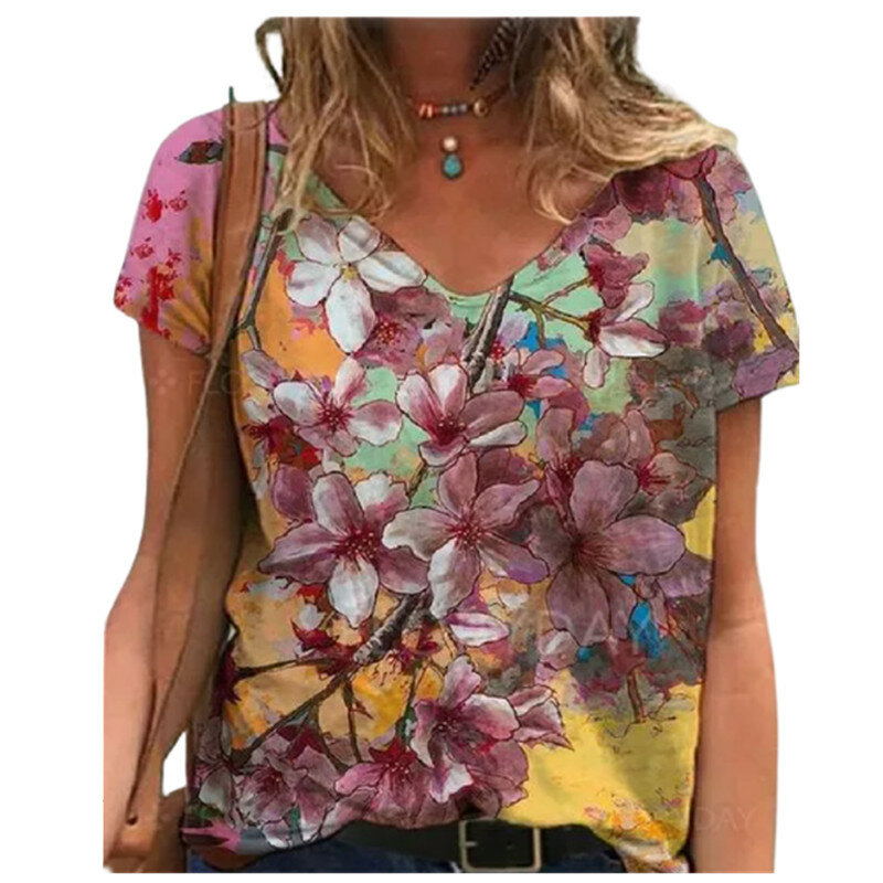 2022 여름 꽃 프린트 티셔츠 여성 반팔 v넥 풀오버 탑 스트리트 컴포트 루즈 사이즈 레이디 코튼 티셔츠