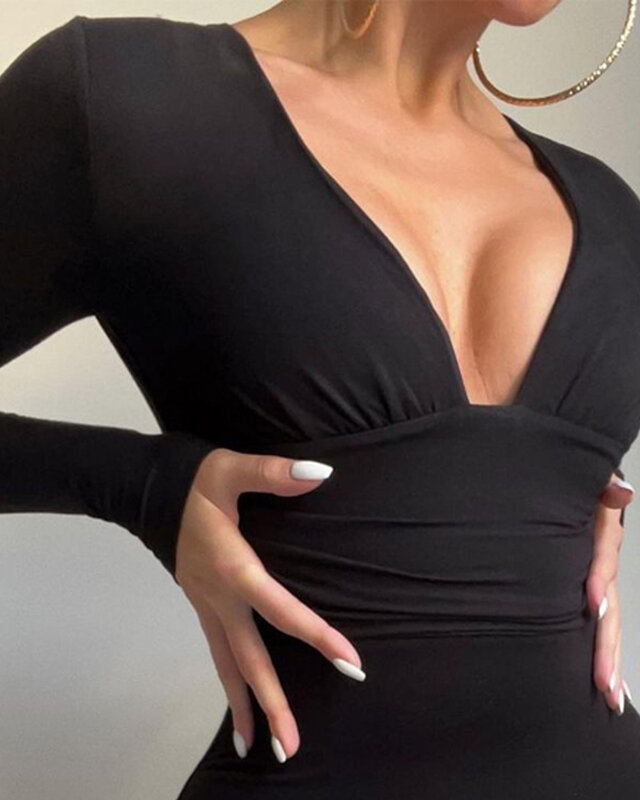 2022 mulheres magro ajuste de uma peça terno manga longa profundo com decote em v preto magro sexy macacão sleepwear casa roupas femme outono inverno