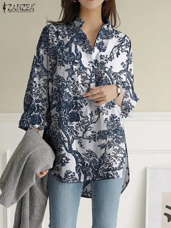 2022 damska jesienna bluzka damska kwiatowy Print koszula ZANZEA damska z długim rękawem Blusa Femininas OversizeCasual koszulki z klapą tunika