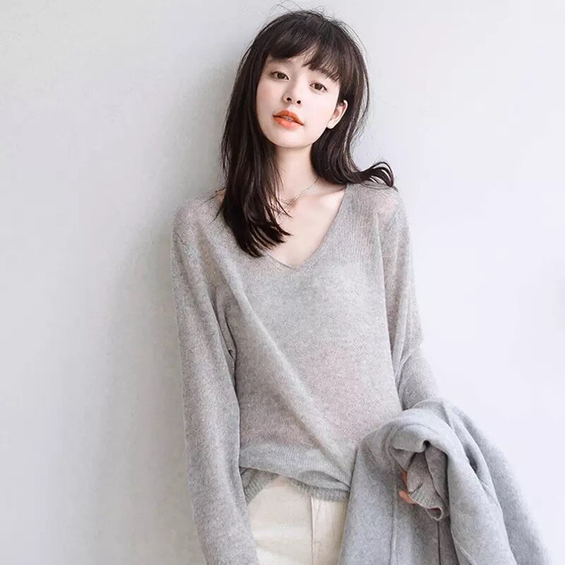 Spring And Autumn New Sweater Solid Color Sweater Women's Ultra-Thin V-Neck Loose Lazy Wool Bottoming Shirt Inside