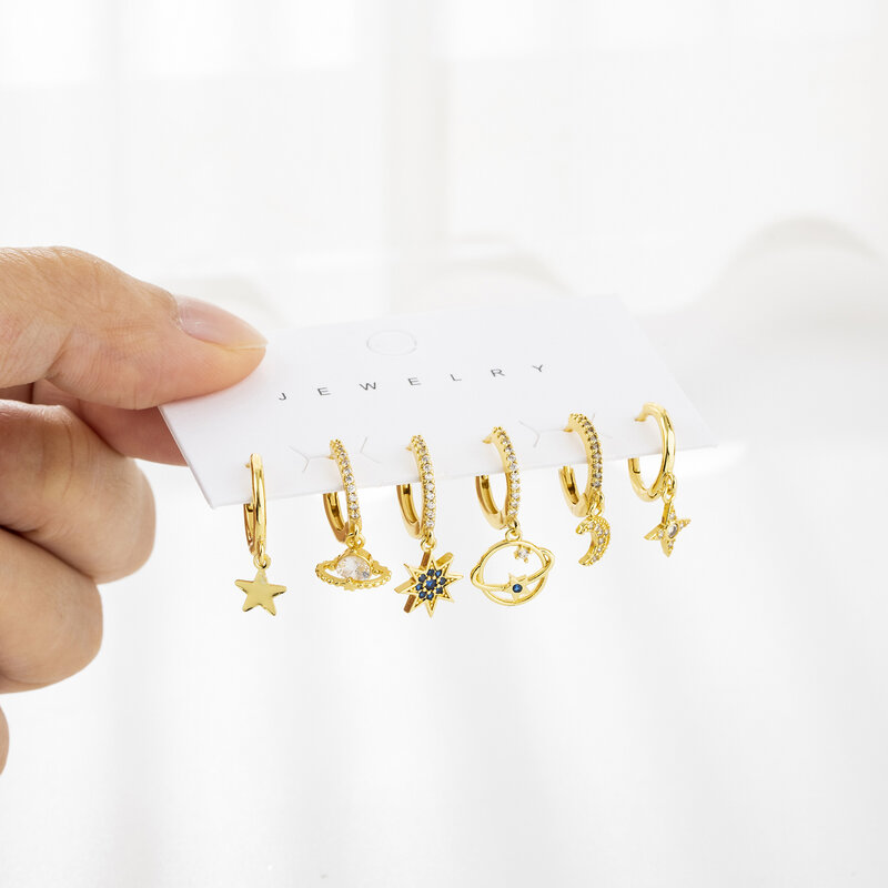 SIPENGJEL 6 Pcs Fashion Cubic zircone Moon Star orecchini a cerchio piccoli Set orecchini pendenti in oro per le donne Set di gioielli alla moda
