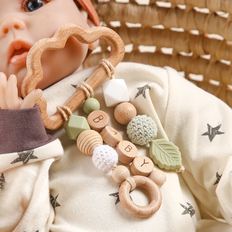 赤ちゃん用の木製おしゃぶりペンダント,1ピース,安全なチェーン,動物用製品,天然ブナの歯が生えるリング,新生児向けの教育玩具