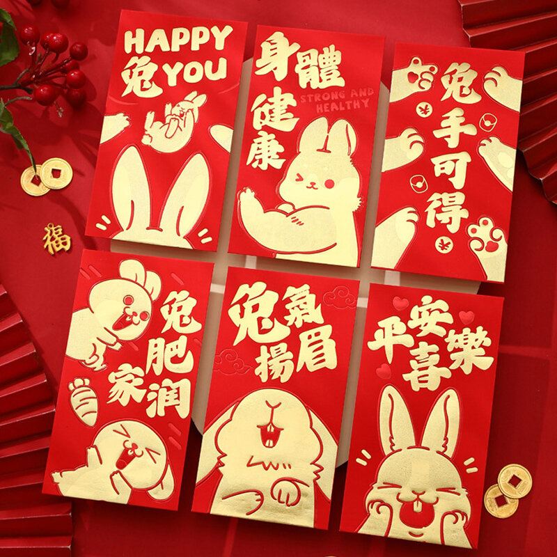 6pcs envelope vermelho sorte ano novo chinês envelope de bolso vermelho 2023 coelho desenhos animados hongbao 2023 presente do ano novo chinês hongbao