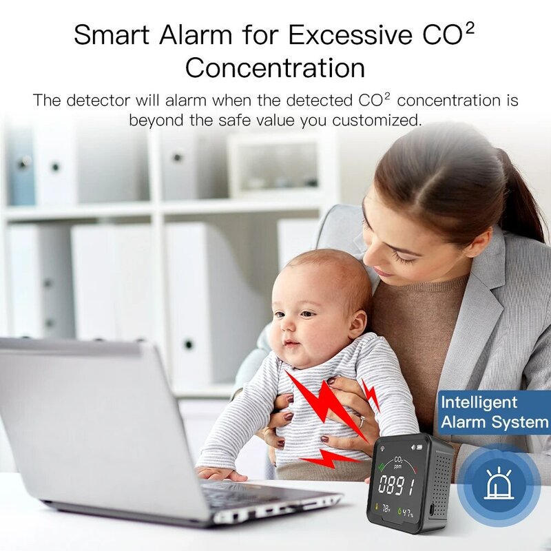 Wi fi tuya inteligente detector de co2 3 em 1 detector de dióxido de carbono monitor de qualidade do ar temperatura e umidade testador de ar com despertador